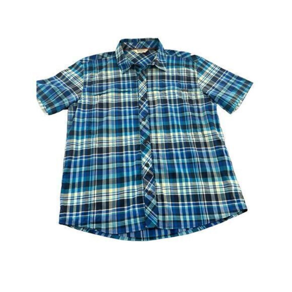 Simms Fishing Shirt Size Medium‎ Short Sleeve Button Front Blue Zip Pockets